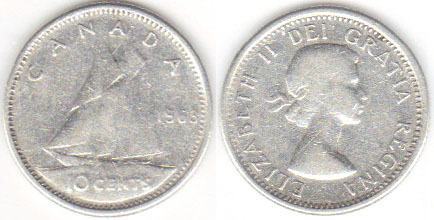 1963 Canada silver 10 Cents A002689